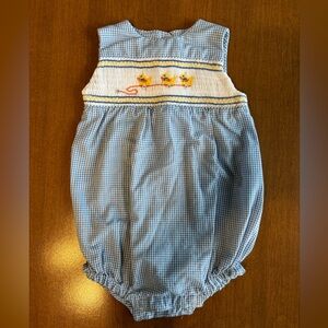 Smocked Blue Gingham Baby Bubble Romper with Yellow Duck sz 12 months